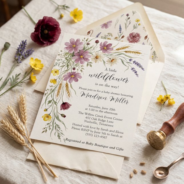 Rustic Wildflower & Wheat Baby Shower Invitation (Watercolor baby shower invitation featuring a lush floral arch of dusty pink.)