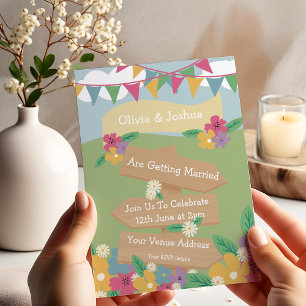 Rustic Wildflower with Bunting and Signs Wedding  Invitation