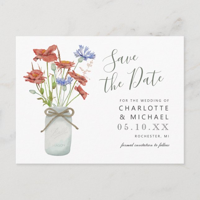 rustic wildflowers ball jar save the date postcard (Front)