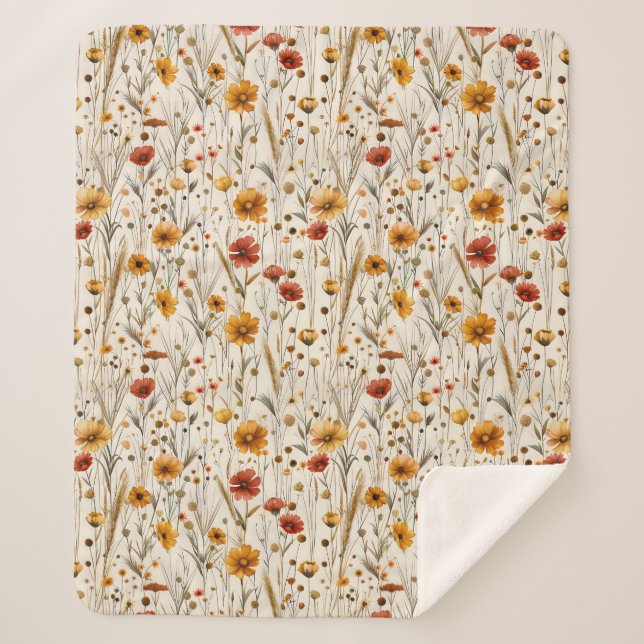 Rustic Wildflowers - Boho Fall Floral Pattern Sherpa Blanket (Front)