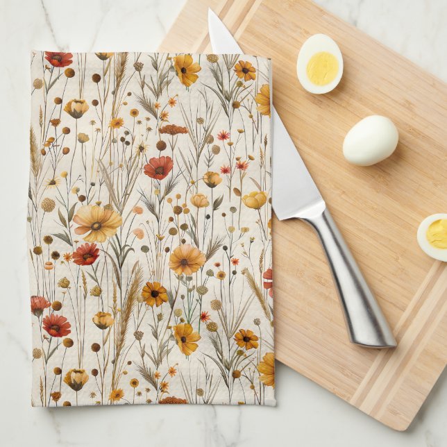 Rustic Wildflowers - Boho Fall Floral Pattern Tea Towel (Quarter Fold)