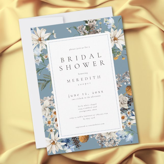 Rustic Wildflowers & Daisies Blue Bridal Shower Invitation (Rustic Wildflowers & Daisies Blue Bridal Shower Invitation)