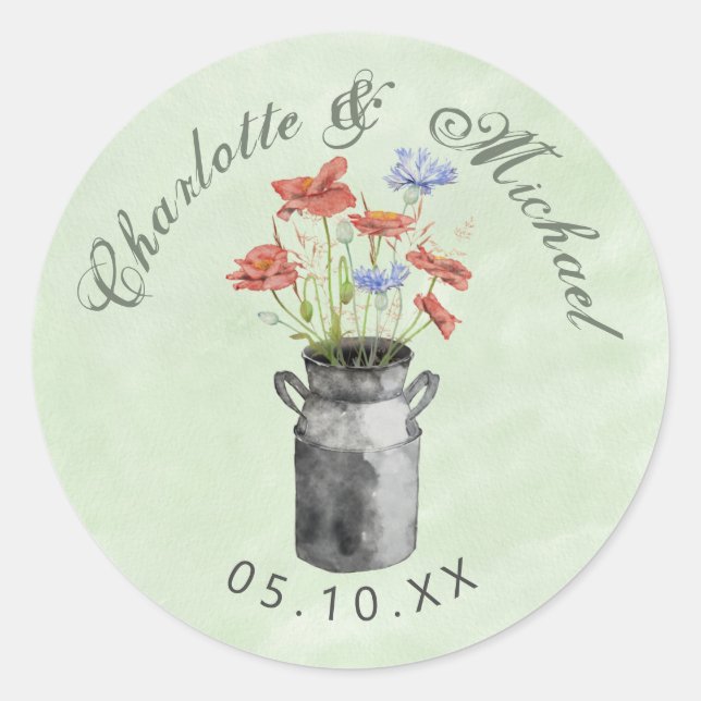Rustic wildflowers in milk bucket wedding classic  round sticker (Front)
