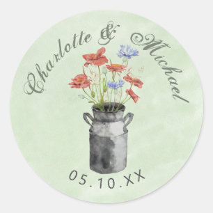 Rustic wildflowers in milk bucket wedding classic  round sticker