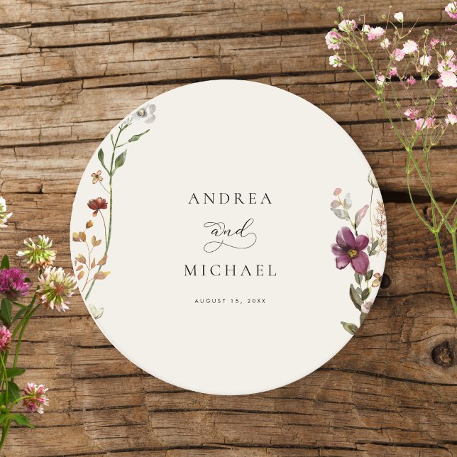 Rustic Wildflowers Ivory Cream Romantic Wedding Round Paper Coaster (Creator Uploaded)