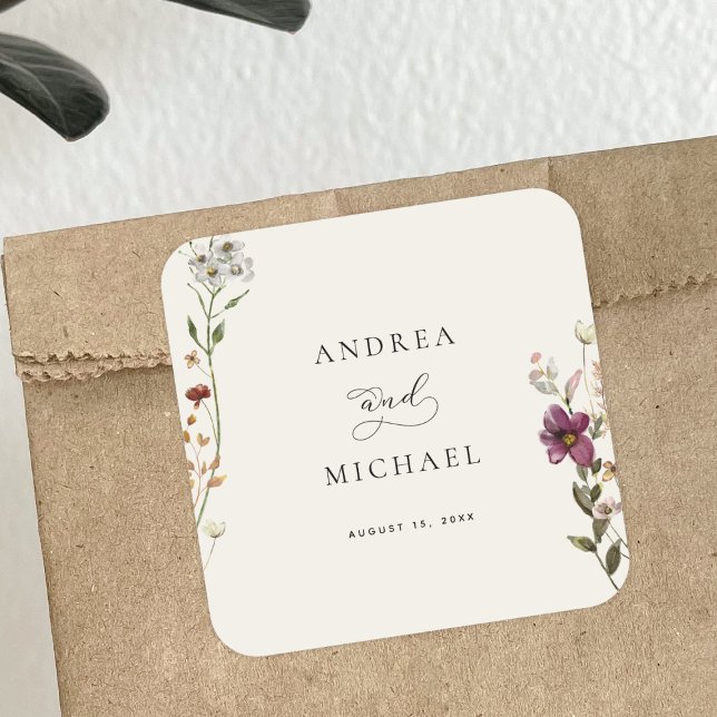 Rustic Wildflowers Ivory Cream Romantic Wedding Square Sticker (Creator Uploaded)