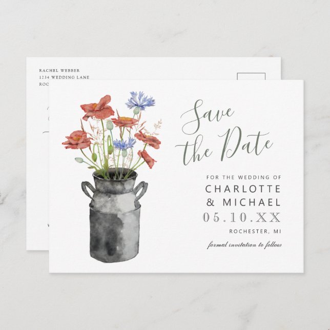 rustic wildflowers milkbucket save the date postcard (Front/Back)