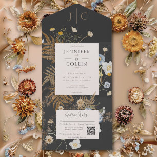 Rustic Wildflowers Monogram Black QR Code All In One Invitation