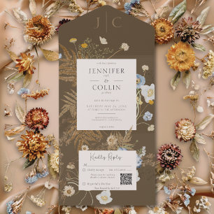 Rustic Wildflowers Monogram Brown QR Code All In One Invitation