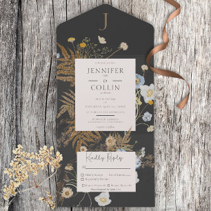 Rustic Wildflowers Monogram Charcoal Black Dinner All In One Invitation
