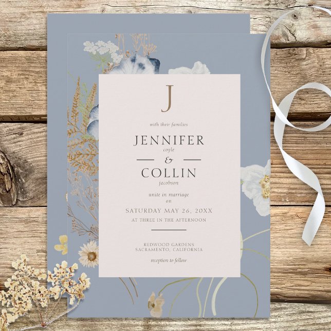 Rustic Wildflowers Monogram Dusty Blue Invitation (Creator Uploaded)
