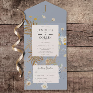 Rustic Wildflowers Monogram Dusty Blue No Dinner All In One Invitation