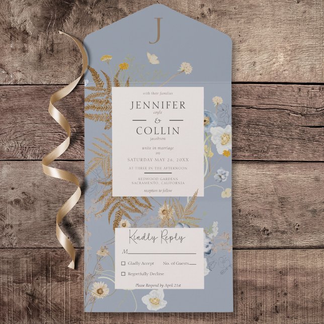 Rustic Wildflowers Monogram Dusty Blue No Dinner All In One Invitation (Rustic Wildflowers Monogram Dusty Blue All in One Wedding Invitation without Dinner Options)