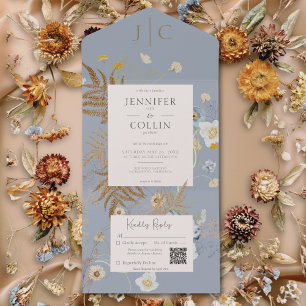 Rustic Wildflowers Monogram Dusty Blue QR Code All In One Invitation
