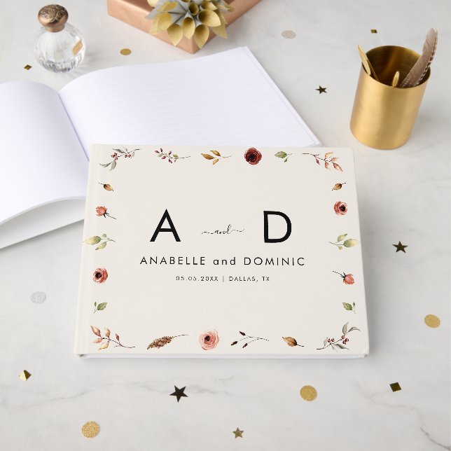 Rustic Wildflowers Monogram Elegant Fall Wedding Guest Book (Front Open)