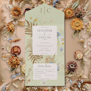 Rustic Wildflowers Monogram Light Green Dinner All In One Invitation