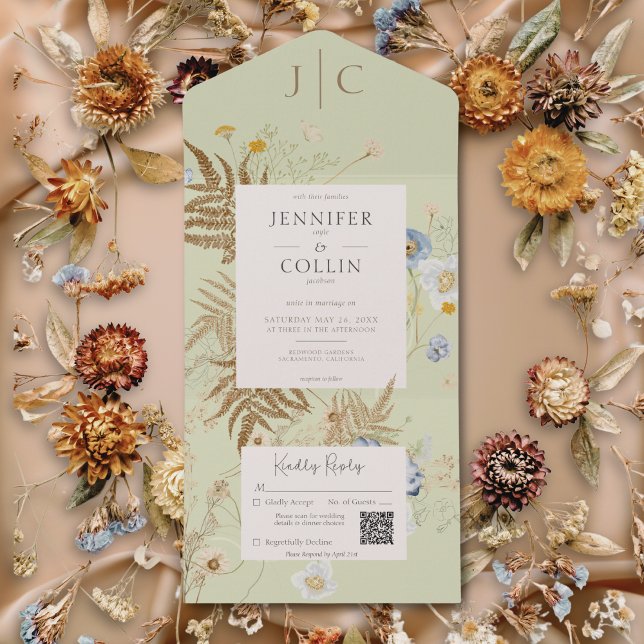 Rustic Wildflowers Monogram Light Green QR Code All In One Invitation (Rustic Wildflowers Monogram Light Green QR Code All In One Invitation)