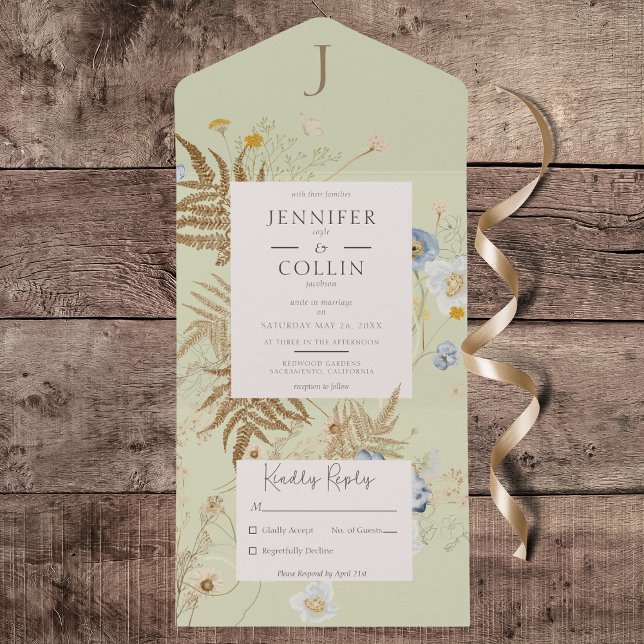 Rustic Wildflowers Monogram Lt Green No Dinner All In One Invitation (Rustic Wildflowers Monogram Light Green All in One Wedding Invitation without Dinner Options)