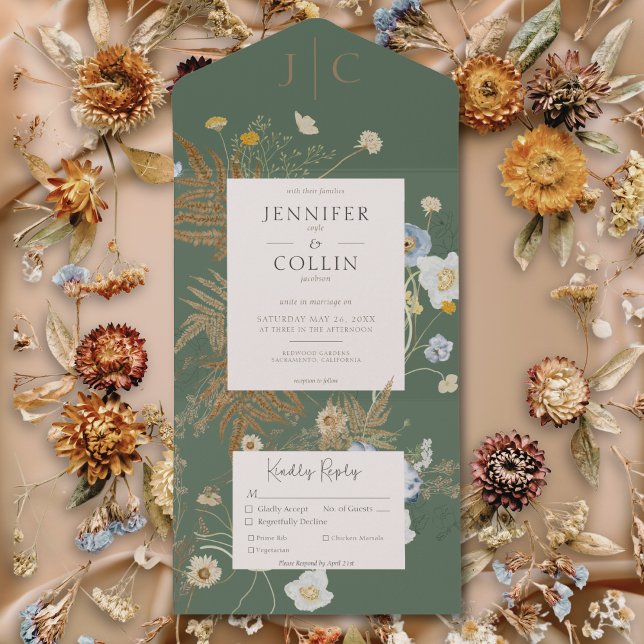 Rustic Wildflowers Monogram Sage Green Dinner All In One Invitation (Rustic Wildflowers Monogram Sage Green Dinner All In One Invitation)