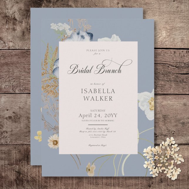 Rustic Wildflowers on Dusty Blue Bridal Brunch Invitation (Rustic Wildflowers on Dusty Blue Bridal Brunch Invitation)