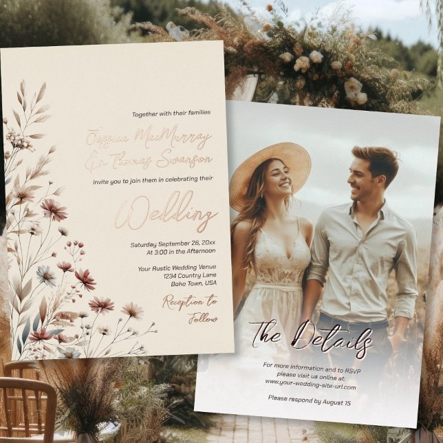 Rustic Wildflowers Photo & Details Elegant Wedding (Front/Back)