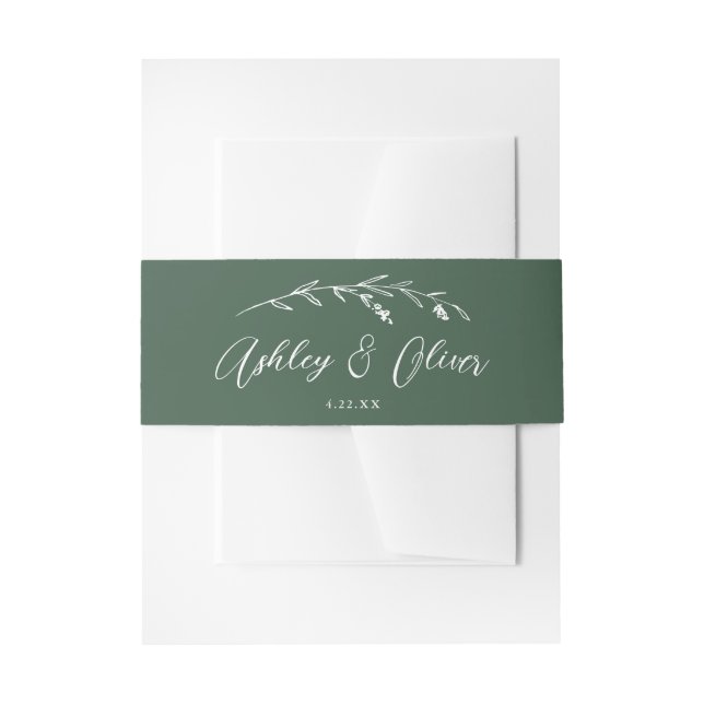 Rustic Wildflowers Script Dark Green Wedding Invitation Belly Band (Front Example)