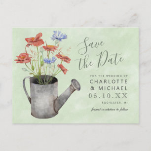 rustic wildflowers water can  save the date postca postcard