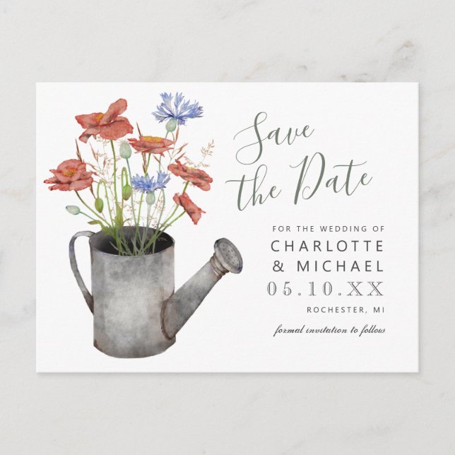 rustic wildflowers water can  save the date postcard (Front)