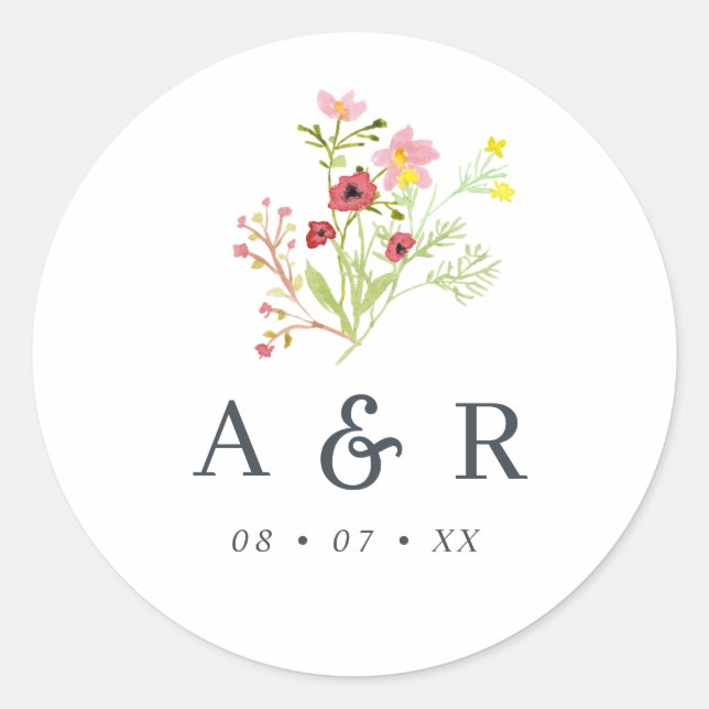 Rustic Wildflowers Wedding Monogram Classic Round  Classic Round Sticker (Front)
