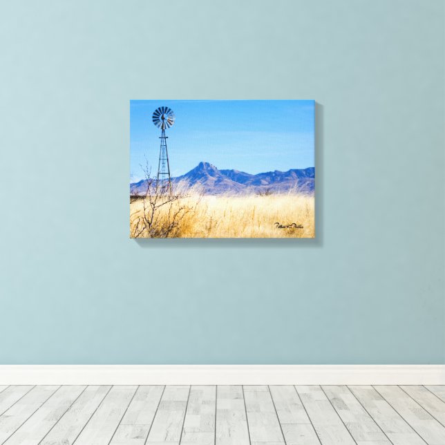 Rustic Windmill and Mountain Range Canvas Print (Insitu(Wood Floor))
