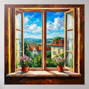 Rustic Window Overlooking a Colourful Countryside Poster