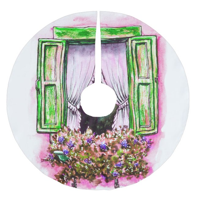 Rustic Windows: Watercolor Sketch Provance. Brushed Polyester Tree Skirt (Front)