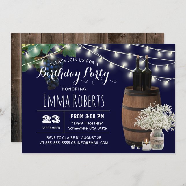 Rustic Wine Barrel Floral Jar Navy Blue Birthday Invitation (Front/Back)
