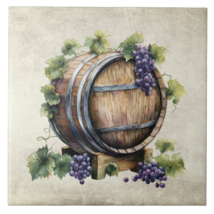 Rustic Wine Barrel Grapes Watercolors Italian  Tile