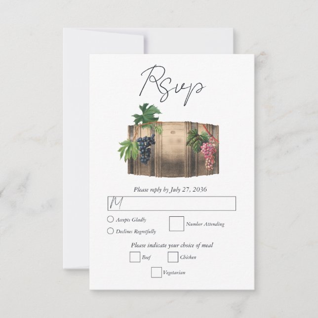 Rustic Wine Barrel Winery Vineyard Wedding RSVP Card (Front)