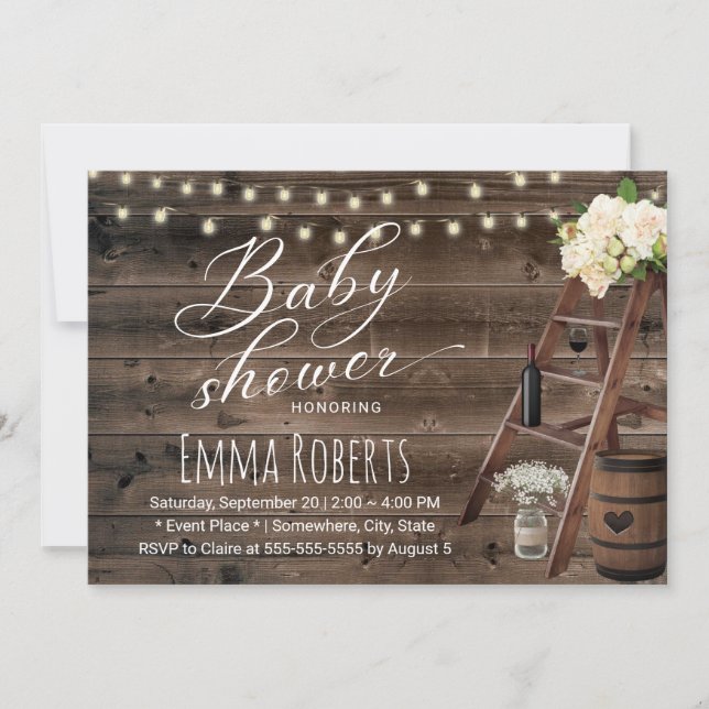 Rustic Wine Barrel & Wooden Ladder Baby Shower Invitation (Front)