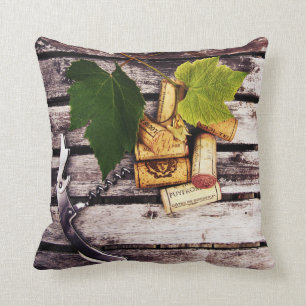 Rustic wine bottle corks and corkscrew cushion