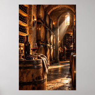 Rustic Wine Cellar with Oak Barrels – Vintage Wine Poster