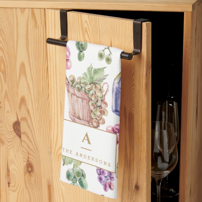 Rustic Wine Cheese Grapes Watercolor Monogram Tea Towel (Thirds Fold)