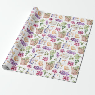 Rustic Wine Cheese Grapes Watercolor Pattern  Wrapping Paper
