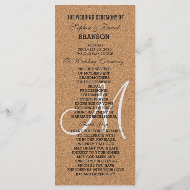 Rustic Wine Cork Wedding Monogram Program Programme (Front)