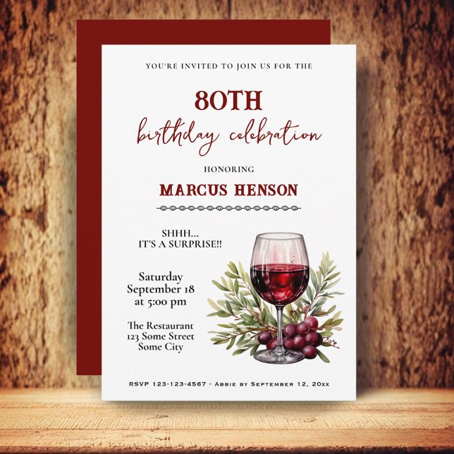 Rustic Wine Glass 80th Birthday Surprise Party  Invitation (Creator Uploaded)