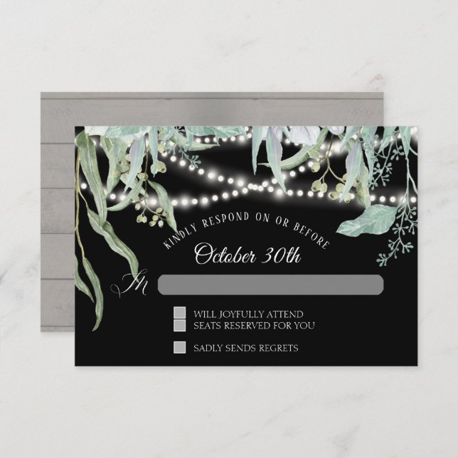 Rustic Winery Eucalyptus Twinkle Lights Wood RSVP Invitation (Front/Back)