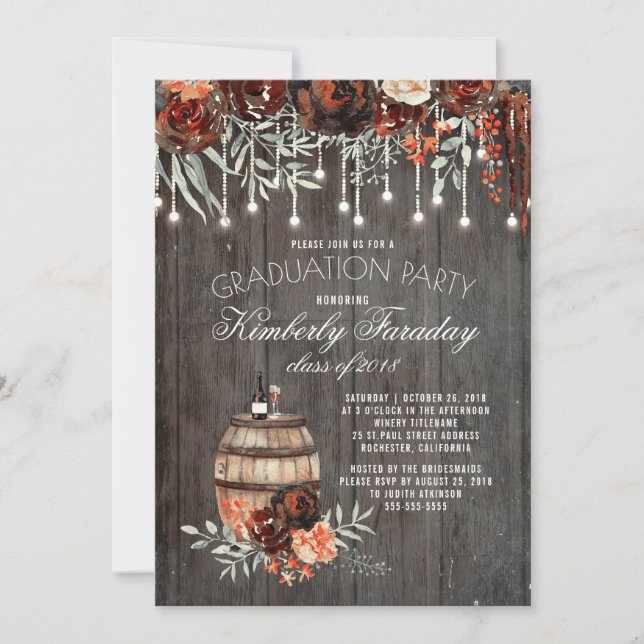 Rustic Winery Floral Lights Graduation Party Invitation (Front)