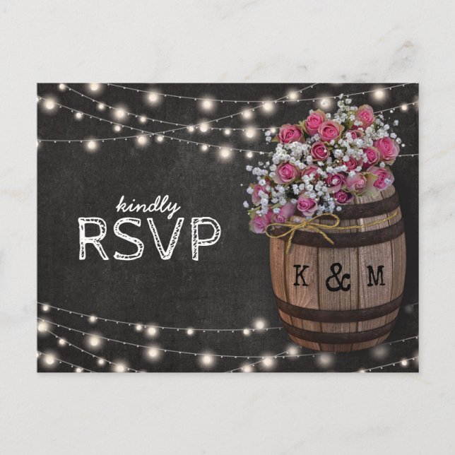 Rustic Winery Pink Floral Lights Wedding RSVP Invitation Postcard (Front)