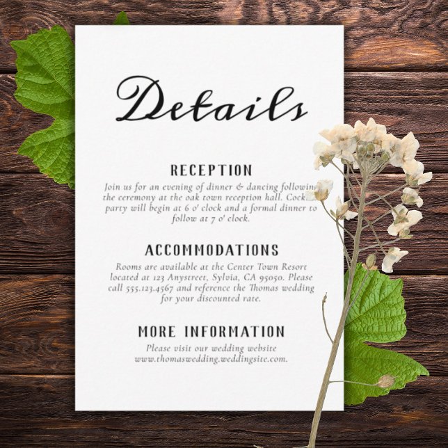 Rustic Winery Vineyard Script Wedding Enclosure Card (simple minimalist vineyard details wedding card enclosure with flower and grape leaves)