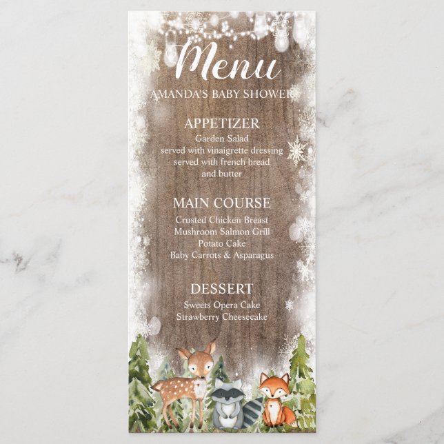 Rustic Winter Animals Woodland Birthday Menu (Front)