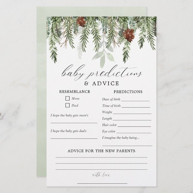 Rustic winter Baby predictions advice card (Front/Back)