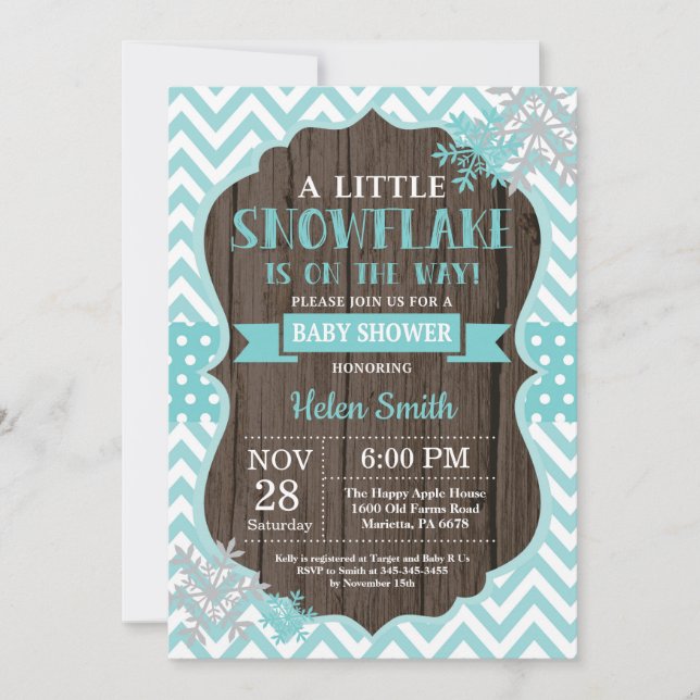 Rustic Winter Baby Shower Aqua Snowflake Invitation (Front)