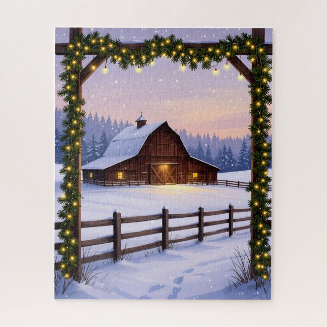 Rustic Winter Barn at Sunset Jigsaw Puzzle (Vertical)
